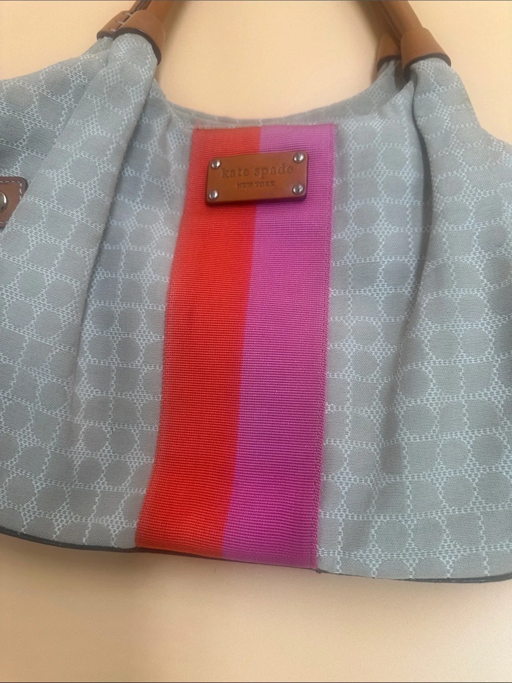 kate spade Light Blue Shoulder Bag with Pink and Red Center Stripe